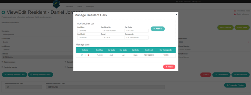 Manage Resident Cars: the place where a registered resident can review, add or edit information about his/her cars
